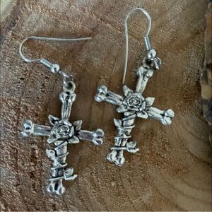 Vintage Silver Cross with Roses and thorns Dangle Earrings Unisex